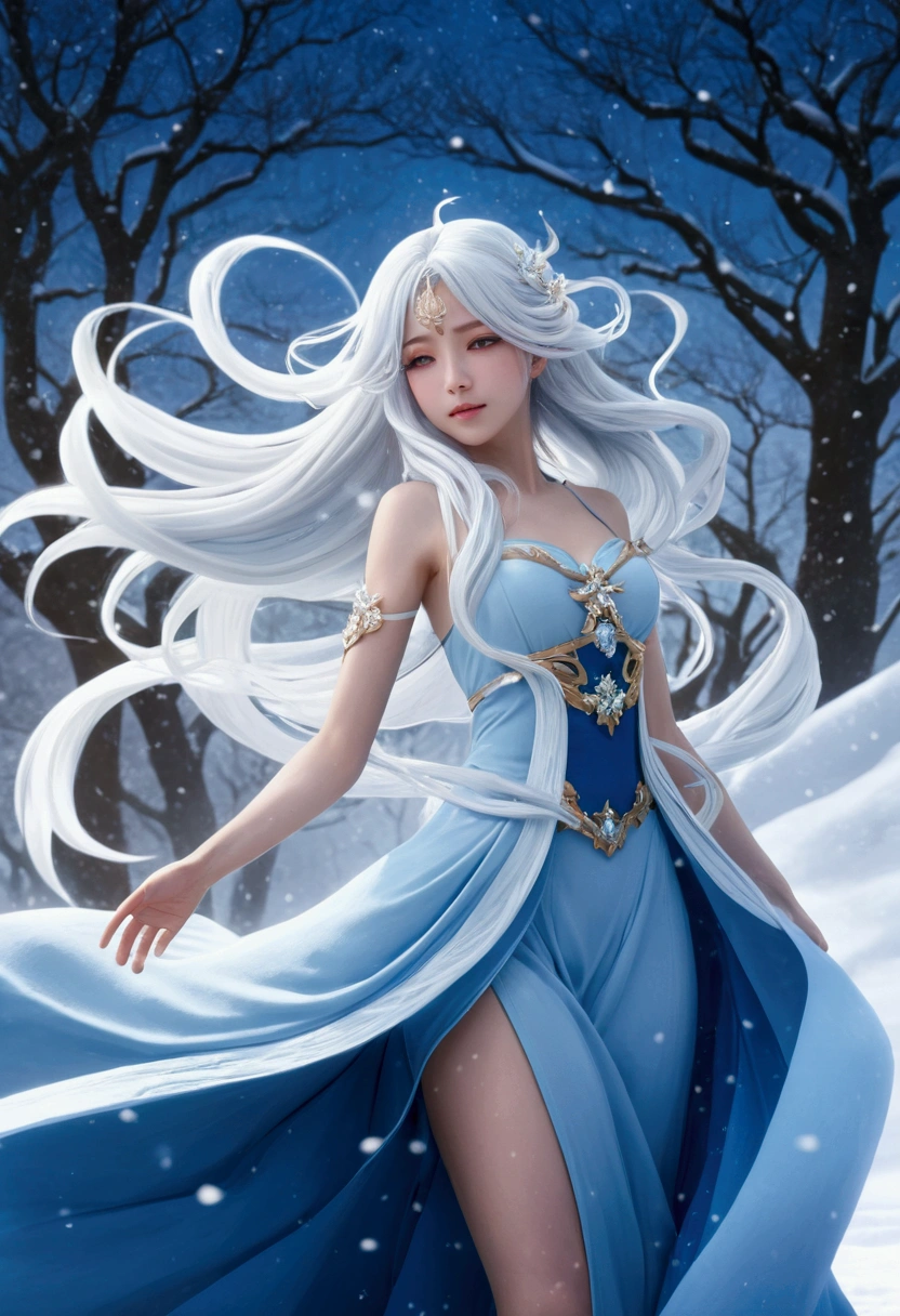 anime girl with long white hair and a blue dress in the snow, white haired deity, white hair floating in air, anime fantasy illustration, flowing white hair, beautiful young wind spirit, beautiful fantasy anime, glowing flowing hair, ethereal anime, beautiful anime artwork, beautiful digital artwork, anime fantasy artwork, ((a beautiful fantasy empress)), 2. 5 d cgi anime fantasy artwork