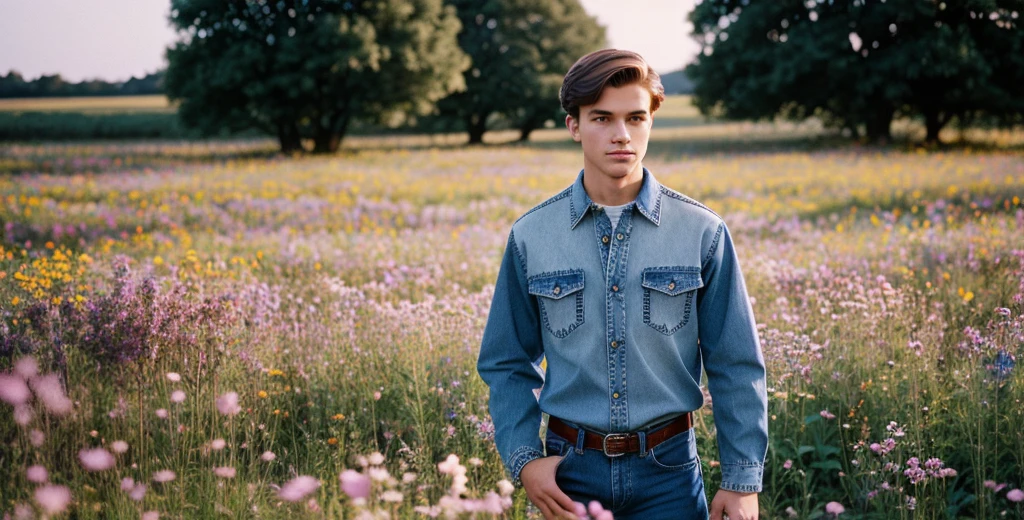 a photo of 1 man, 20 years old, broad shoulders, athletic buid, shoulder length medium brown hair with a side part, wearing a long sleeve denim shirt with floral embroidery on it, and blue jeans, standing in a field of flowers, shot with vintage 35mm camera ((photorealistic):1.2), raw