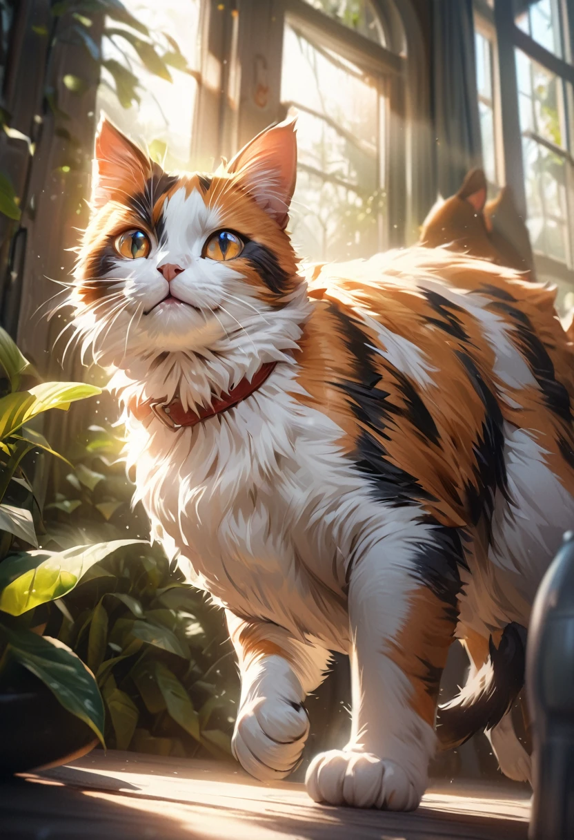 detailed realistic portrait of a calico cat riding on the back of a dog, high quality, highly detailed, 4k, masterpiece, ultra-detailed, photorealistic, professional, vivid colors, natural lighting, beautiful feline features, expressive eyes, soft fur textures, dynamic pose, playful interaction between cat and dog, richly detailed background environment, lush greenery, atmospheric lighting