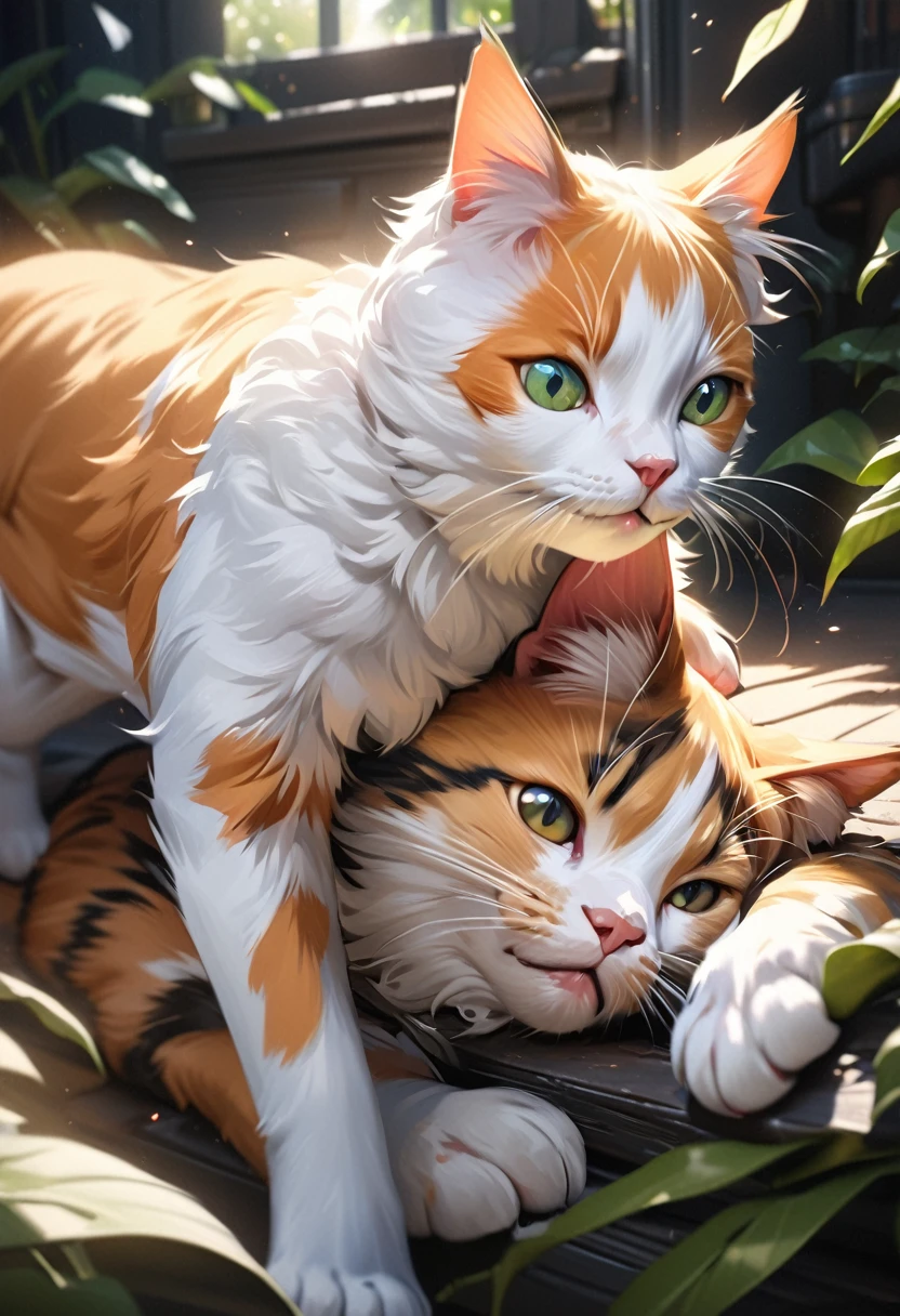 detailed realistic portrait of a calico cat riding on the back of a dog, high quality, highly detailed, 4k, masterpiece, ultra-detailed, photorealistic, professional, vivid colors, natural lighting, beautiful feline features, expressive eyes, soft fur textures, dynamic pose, playful interaction between cat and dog, richly detailed background environment, lush greenery, atmospheric lighting