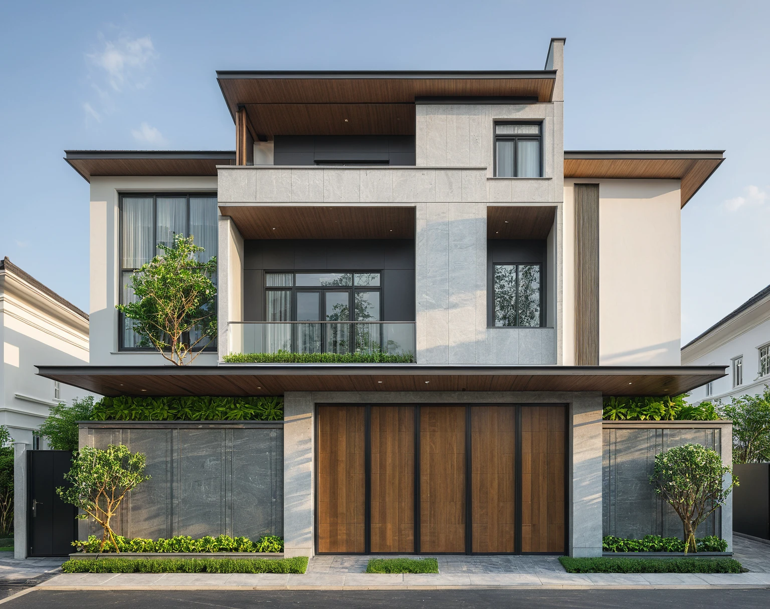 modern villa on street, (daylight), tropical tree, green shrub and plants, vivid color, streetcapes, minimalist design, brigth grey tone, (large glass door:1.2), warm interior lighting, modern material, best quality, ultra realistic, masterpiece,