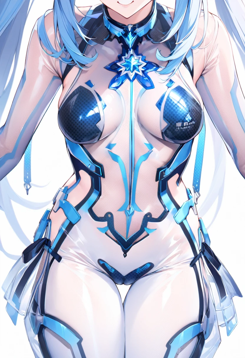 Blue Star,Twin tails,See-through,Top view,Standing on a white floor,See-through,Blue light pattern,sexyデザインのSee-throughボディスーツ,Transparent skin,胸元にBlue Starのデザイン,胸元がSee-throughボディスーツ,Shiny bodysuit,sexy,Big blue light bracelet,Big blue light anklet,Blue light accessories that dig into your thighs,Accentuated chest,Accentuated chest shape,Close-up of face and chest,