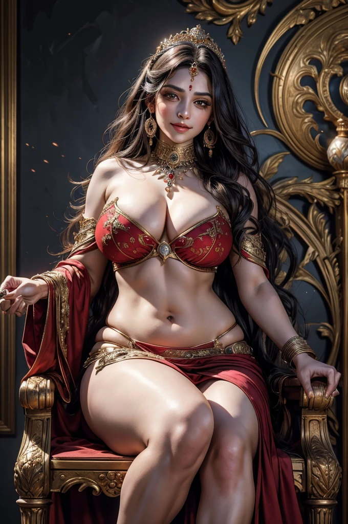 1 goddess, detailed face, beautiful eyes, intoxicating gaze, long flowing hair, smiling expression, crescent moon on forehead, slim curvy figure, big breasts, perspiring slightly, three folds of skin and fine hair below navel, seated on corpse throne, wearing red garments and jewelry, holding skull in left hand and sword in right hand, acrylic on canvas, baroque style, inspired by Indian mythology, (best quality,4k,8k,highres,masterpiece:1.2),ultra-detailed,(realistic,photorealistic,photo-realistic:1.37),highly detailed description, by Peter Paul Rubens