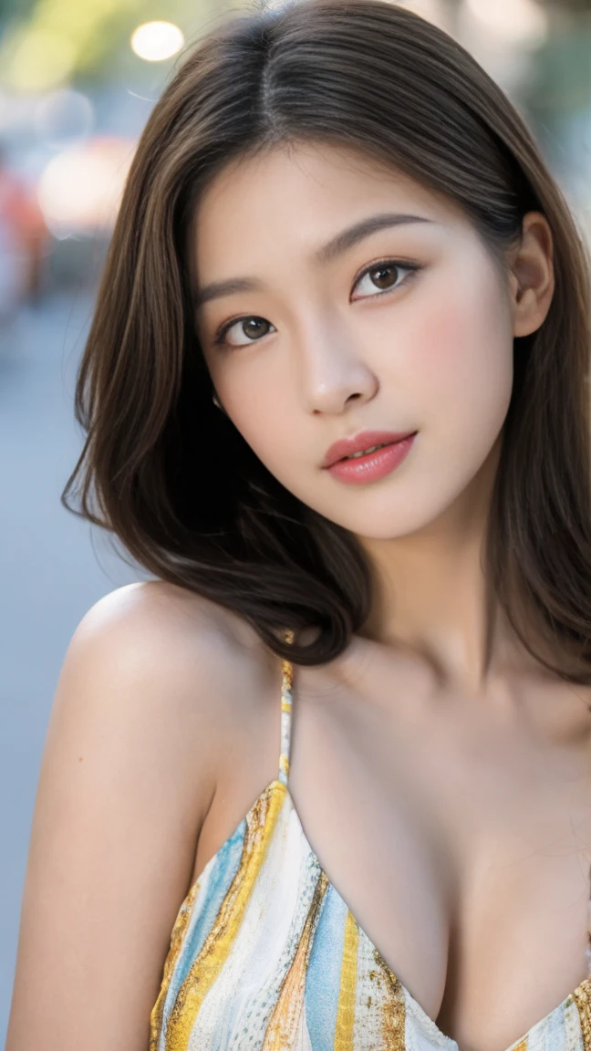 ((Best quality, 8K, masterpiece:1.3)),1girl,18 years old,Asian,Real texture:1.3,(Background blur:1.1),Gorgeous long dress,Tall and slender figure:1.2,(Hot summer weather),(street:1.3),Highly detailed face and skin textures,Exquisite eyes,Long eyelashes,Double eyelids,Skin Whitening,happy,Various postures,Big breasts