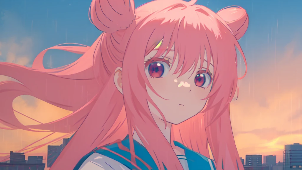 masterpiece, best quality, city background, rainy, 1girl, solo, upper body, bow, serafuku, satou, emotionless, expressionless, anime wallpaper 4k, detailed background, detailed hair