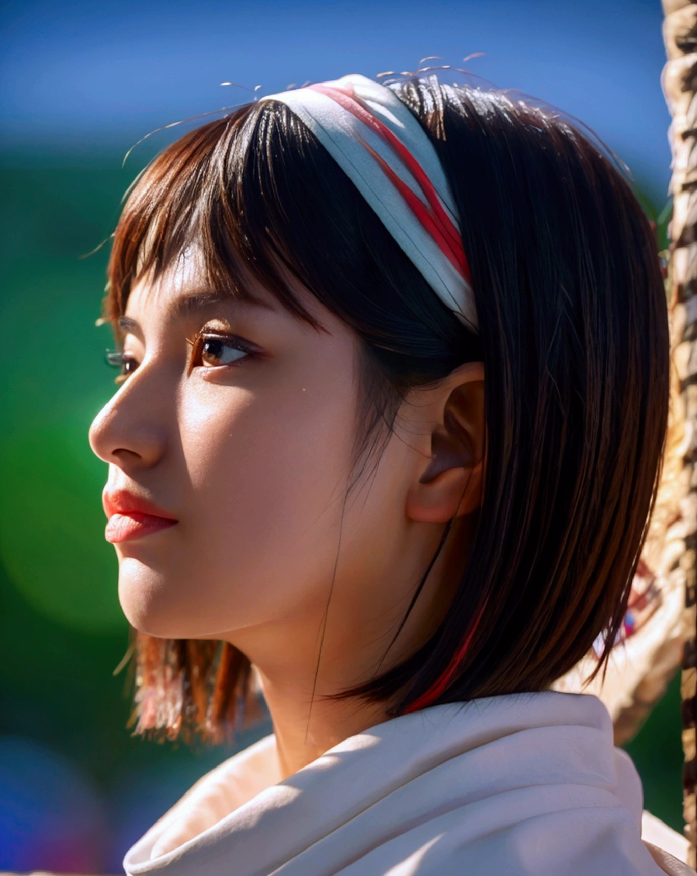 A beautiful young girl with a bob haircut, standing alone, wearing a cowl headband, in profile, looking directly at the viewer, (best quality, 4k, 8k, highres, masterpiece:1.2), ultra-detailed, (realistic, photorealistic, photo-realistic:1.37), HDR, UHD, studio lighting, ultra-fine painting, sharp focus, physically-based rendering, extreme detail description, professional, vivid colors, bokeh, portrait tongue out
