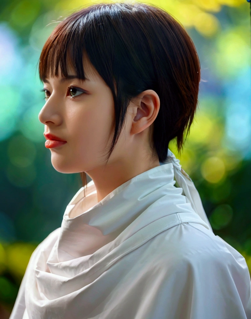 A beautiful young girl with a bob haircut, standing alone, wearing a cowl headband, in profile, looking directly at the viewer, (best quality, 4k, 8k, highres, masterpiece:1.2), ultra-detailed, (realistic, photorealistic, photo-realistic:1.37), HDR, UHD, studio lighting, ultra-fine painting, sharp focus, physically-based rendering, extreme detail description, professional, vivid colors, bokeh, portrait tongue out
