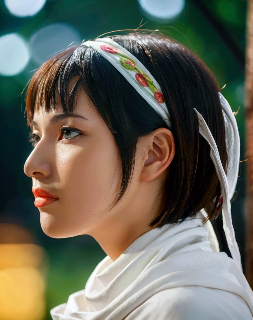 A beautiful young girl with a bob haircut, standing alone, wearing a cowl headband, in profile, looking directly at the viewer, (best quality, 4k, 8k, highres, masterpiece:1.2), ultra-detailed, (realistic, photorealistic, photo-realistic:1.37), HDR, UHD, studio lighting, ultra-fine painting, sharp focus, physically-based rendering, extreme detail description, professional, vivid colors, bokeh, portrait tongue out 