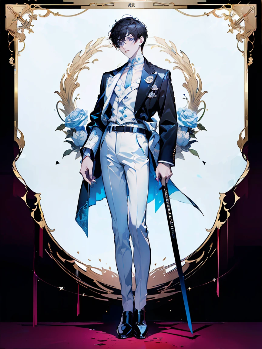 ((full body: 2)), ((UHD, masterpiece, super detail, best quality, highres, 8k)), (detailed line art), perfect face, perfect body, perfect hands, perfect feet.
Humans, around 20 years old, (2males: 2.0), male idols, (simple background, magazine cover style: 1.5).
First person :Gentle atmosphere, standing on the right, (bright blonde hair), (parallel eyebrows, light blue eyes, droopy eyes, thin lips), (white top, collarbone-revealing shirt, puffed sleeves shirt, white ribbon decorations:1.5, white frill decorations:1.5, white corset, high-waisted white pants, white belt, white leather shoes), (white ribbon choker), (angelic atmosphere), (looking forward).
Second person : Cool atmosphere, standing on the left, (black hair), (parallel eyebrows, light blue eyes, slanted eyes, thin lips), (black top, high-neck top, tight-fitting top, black jacket, short-length jacket, black belt decorations:1.5, black pants, black belt, black leather shoes), (black earrings, black bracelet), (devilish atmosphere), (looking forward).