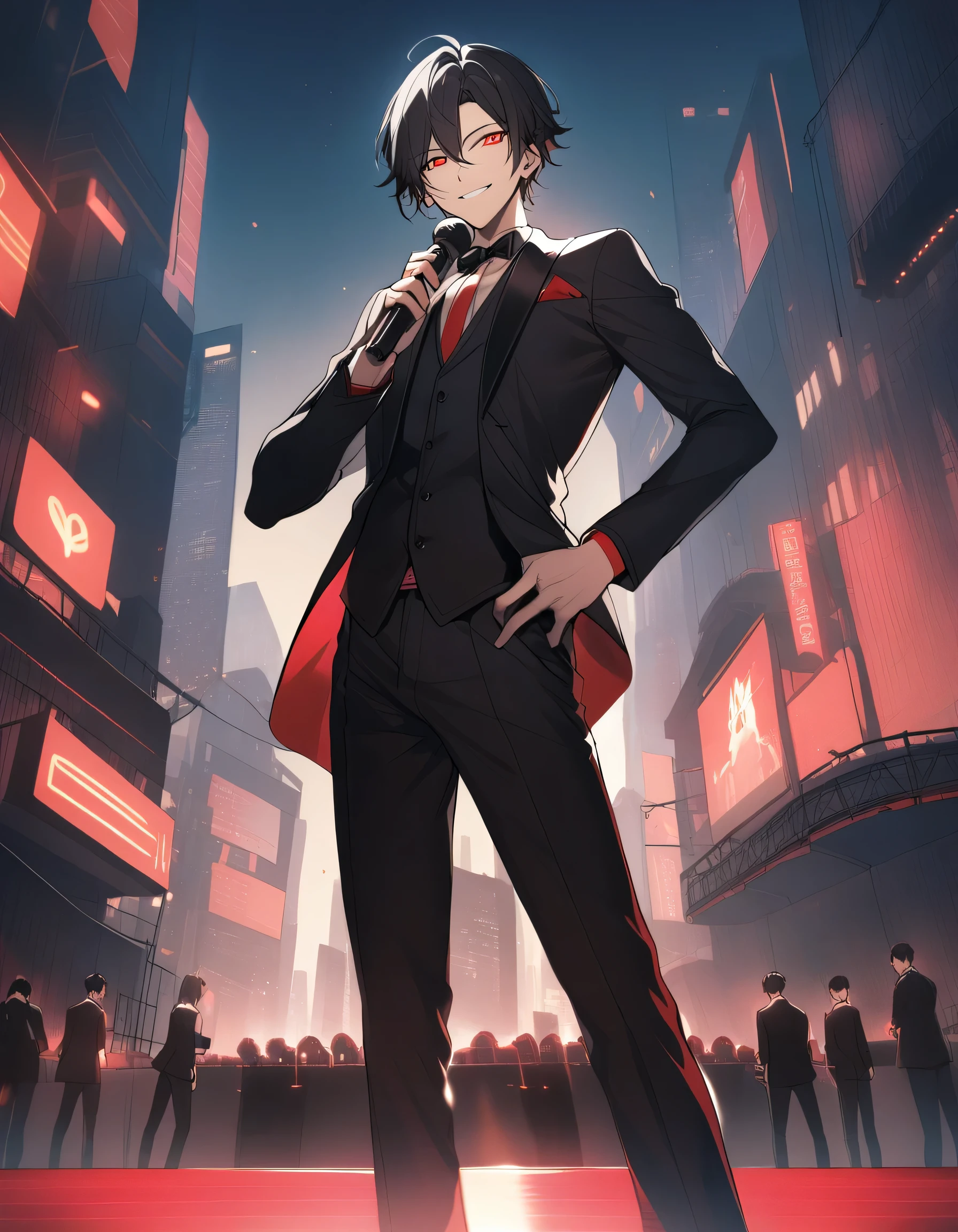 1male, black hair, red glowing eyes, standing on a stage in the middle of a city, holding a mic, black tuxedo, confident smile,