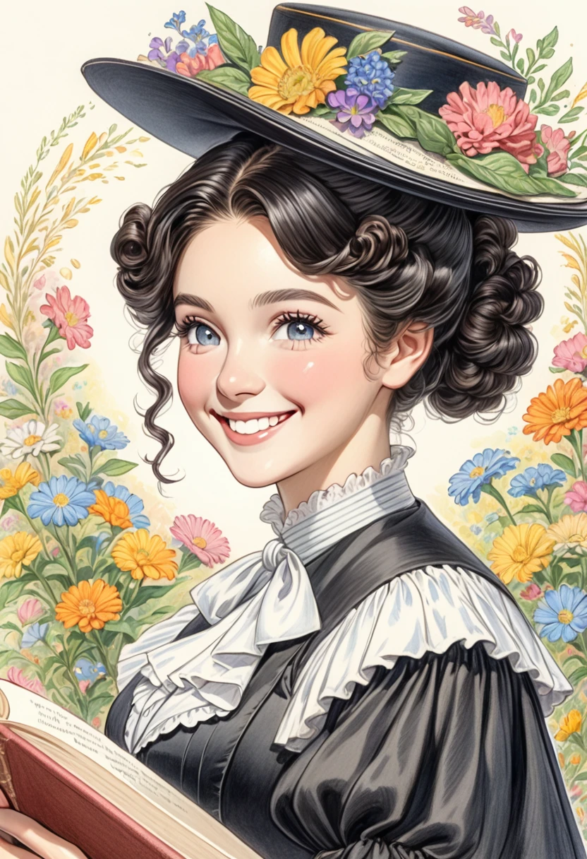 A colored pencil drawing of a pretty  smiling happy victorian governess, curly black hair. Kind and inteligent, joyful  energy. hair in bun, hat. book of poetry in hand. full features, round face
