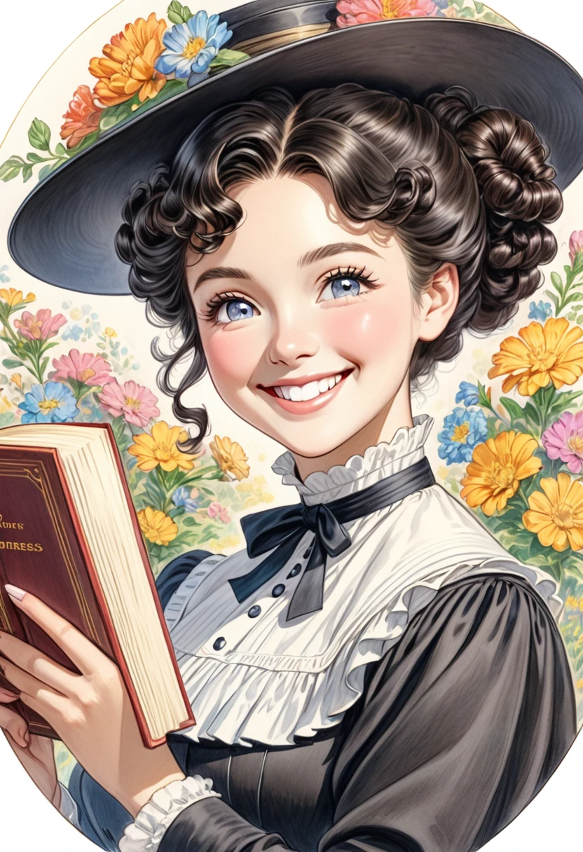 A colored pencil drawing of a pretty  smiling happy victorian governess, curly black hair. Kind and inteligent, joyful  energy. hair in bun, hat. book of poetry in hand. full features, round face
