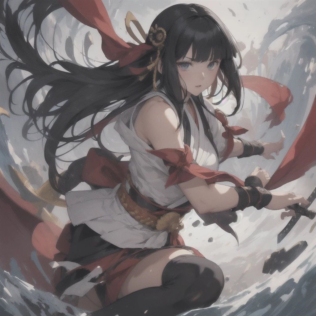 (fantasy illustration:1.5), (One:1.2), (anime,8 K,masterpiece, top quality, Best quality,beautiful and aesthetically pleasing:1.2,professional illustration:1.1,ultra detail:1.3,perfect lighting), extremely detailed, as detailed as possible, incredibly absurd, a high resolution, ultra detailed, difficult:1.6, (girl), very detailed beautiful face and eyes, beautiful hair, Bob Hair, blunt bangs, (black hair:1.4), (Red ribbon at the back of the head:1.2), ( Nakoruru Samurai Shodown Costume:1.2), guess the skin, (Abstract:1.2), cute, Climb up, (short stature,medium breast), A sense of speed, Dagger Master,