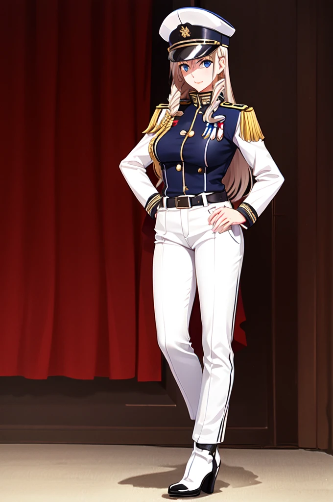 celia\(walkure\), celia\(uniform\),1girl, mature female, solo,
blue eyes, 
(black boots), high heels, (white uniform), (white cargo pants), belt, (white shako cap),
best quality, highest quality, ultra-detailed, masterpiece, illustration, ultra detailed background, full body
