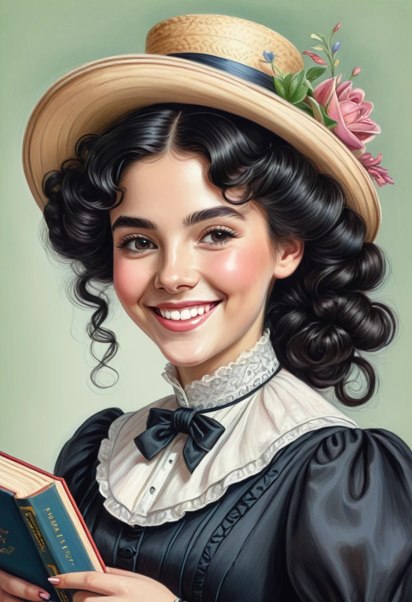 A colored pencil drawing of a pretty smiling happy victorian governess, curly black hair. Kind and inteligent, joyful energy. hair in bun, hat. book of poetry in hand. full features, round face