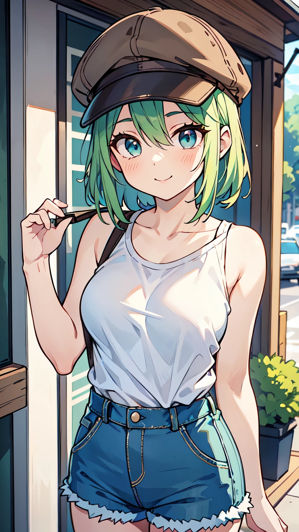 ((A Pretty girl with green hair and blue eyes)), ((wearing the white tanktop and hot pants)), ((with a brown colored newsboy cap:1.2)), Baby face, ((top-quality, master piece, ultra-definition, high resolution)), anime girl, ((ultra-detailed illust:1.2)), only one person, bangs, hair between eye, beautiful hair, Beautiful eyes, medium breast, Big smile, cityscape