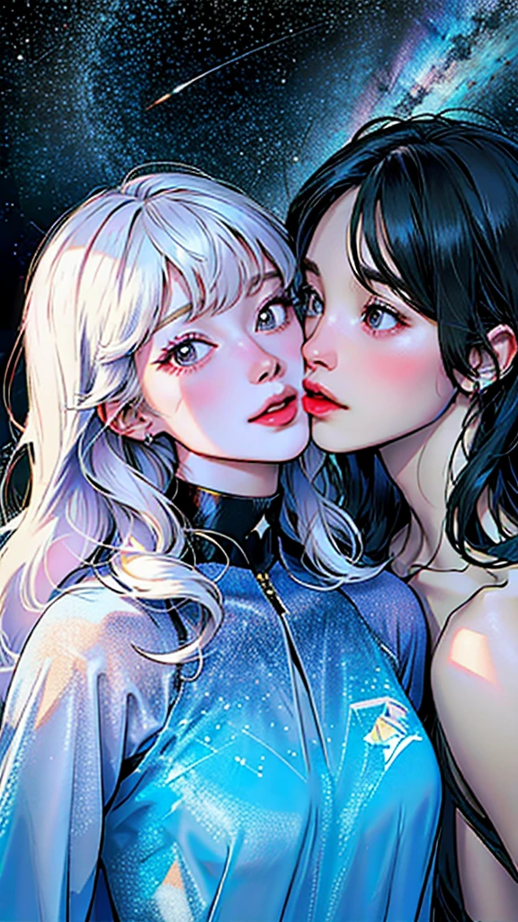 In love,spectrum, holographic, Transparent, professional kiss, starry, fantasy, ultimate best quality,beautiful woman,Speech bubble, big ♥️ 