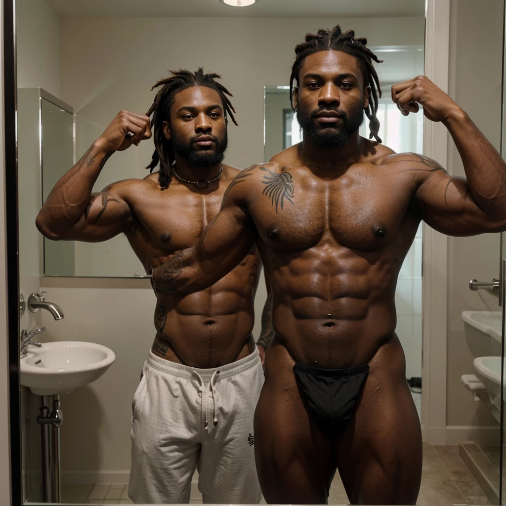 Black muscular man with short styled dreadlocks and tattoos, muscular, standing in front of a mirror taking a selfie, handsome, rugged, dark beard, African American man, hunk, sexy, shirtless showing off tattoos