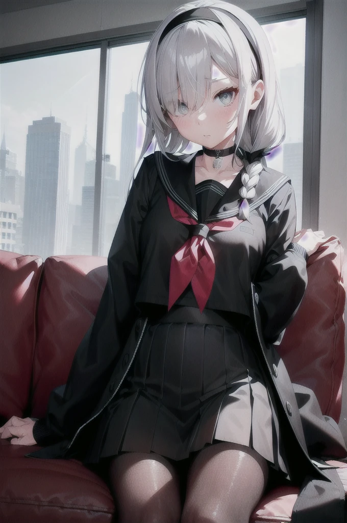 city background, arms behind back, 1girl, solo, halo, pantyhose, long hair, skirt, braid, hair over one eye, hairband, neckerchief, choker, white hair, standing, sailor collar, , black choker, long sleeves, looking at viewer, black hairband, shirt, black pantyhose, pleated skirt, black skirt, open clothes, bangs, black serafuku, closed mouth, black shirt, collarbone, black sailor collar, white neckerchief, couch, single braid, coat, grey eyes, hair ribbon, black coat, ribbon, open coat, white shirt, side braid