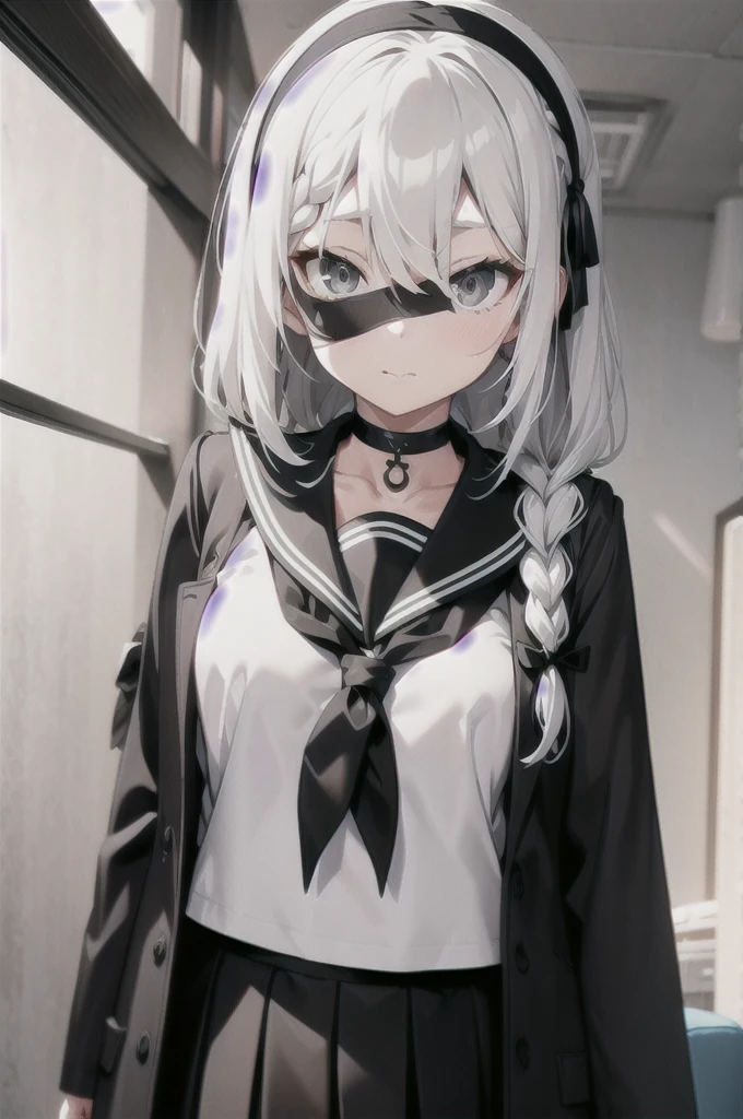 city background, arms behind back, 1girl, solo, halo, pantyhose, long hair, skirt, braid, hair over one eye, hairband, neckerchief, choker, white hair, standing, sailor collar, , black choker, long sleeves, looking at viewer, black hairband, shirt, black pantyhose, pleated skirt, black skirt, open clothes, bangs, black serafuku, closed mouth, black shirt, collarbone, black sailor collar, white neckerchief, couch, single braid, coat, grey eyes, hair ribbon, black coat, ribbon, open coat, white shirt, side braid