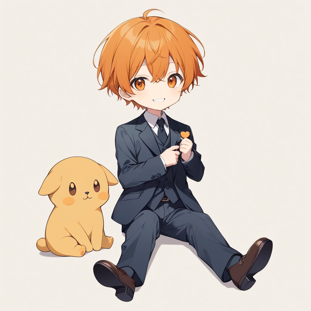 Orange Hair, Orange eyes,Short Hair,smile, a bit, suit,maleの子一人,a bitキャラ,anime,whole body,mini,Sitting,male,赤いsuit,小さいmaleの子,a little