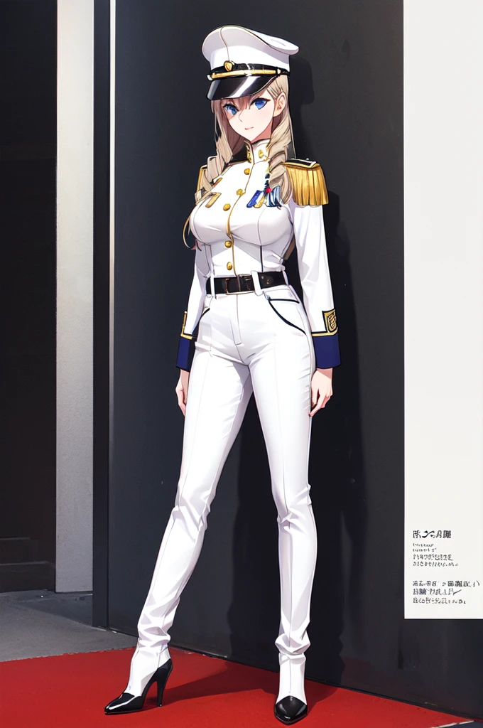 celia\(walkure\), celia\(uniform\),1girl, mature female, solo,
blue eyes, 
(black boots), high heels, (white uniform), (white cargo pants), belt, (white shako cap),
best quality, highest quality, ultra-detailed, masterpiece, illustration, ultra detailed background, full body
