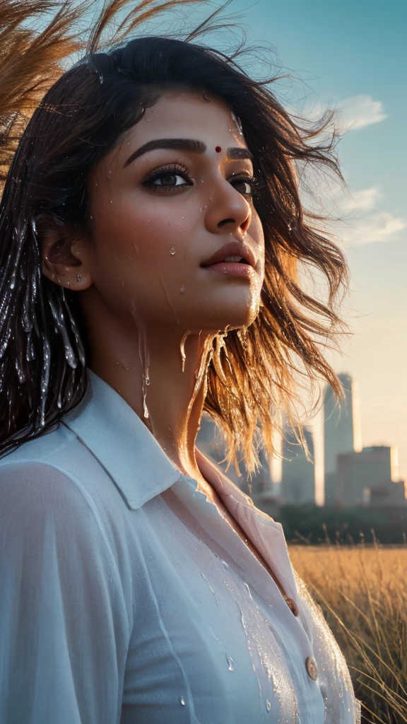 (best quality,4k,8k,highres,masterpiece:1.2),ultra-detailed,(realistic,photorealistic,photo-realistic:1.4), profesional photograph, natural light, ((portraits, a beautiful young indian nayanthara)), 28 years old, (wet button shirt:1.3), exposed her breast, seductive look, soft glow, elegant beauty, perfect face with soft skinice, detailed blue grey eyes, sexy pose, delicate skin texture, flowing messy hair, lustly expression, sexy posture, collarbone,( naturally droopy breast), (grass field with skyline:1.3), subtle shadows, daylight and clouds background, shallow depth of field, foggy and greeney atmosphere, fine art photography, close up, (seen from below:1.3, low angle:1.3), facing forward, photon mapping, 