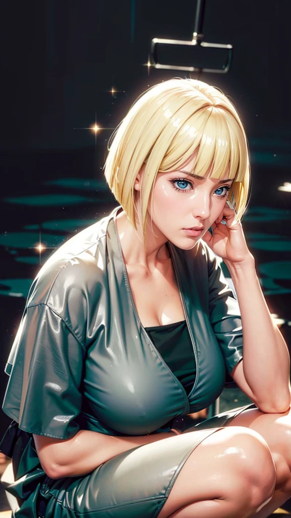 (((Perfect body,White and tender skin,(((BLACK KIMONO, CLEAVAGE, VAMBRACES,))),(((Samui, Blue eyes, blonde hair, short hair, bangs, blunt bangs,))),((masterpiece)),high resolution, ((Best quality at best)),masterpiece,quality,Best quality,((( Exquisite facial features,Looking at the audience,There is light in the eyes,Poker face))),Squatting,From below))),(((Light and shadow,Huge breasts,))),(((Looking at the camera,black background,)))),