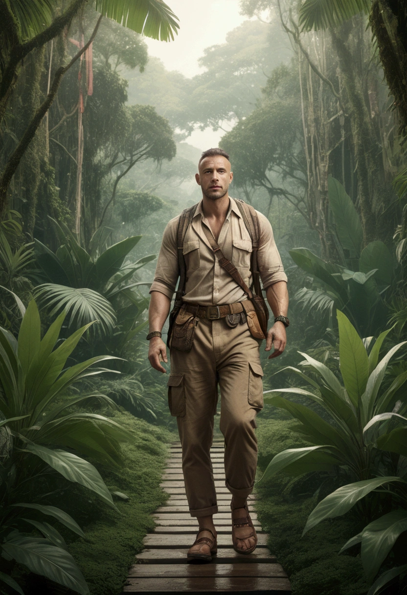(Jungle Adventurer), against a dark background with a mysterious atmosphere and cool color tones with soft side lighting in the photography style of high contrast between light and shadow, glow effect, light leak, full body, award-winning, cinematic still, emotional, vignette, dynamic, vivid, (masterpiece, best quality, Professional, perfect composition, very aesthetic, absurdres, ultra-detailed, intricate details:1.3)