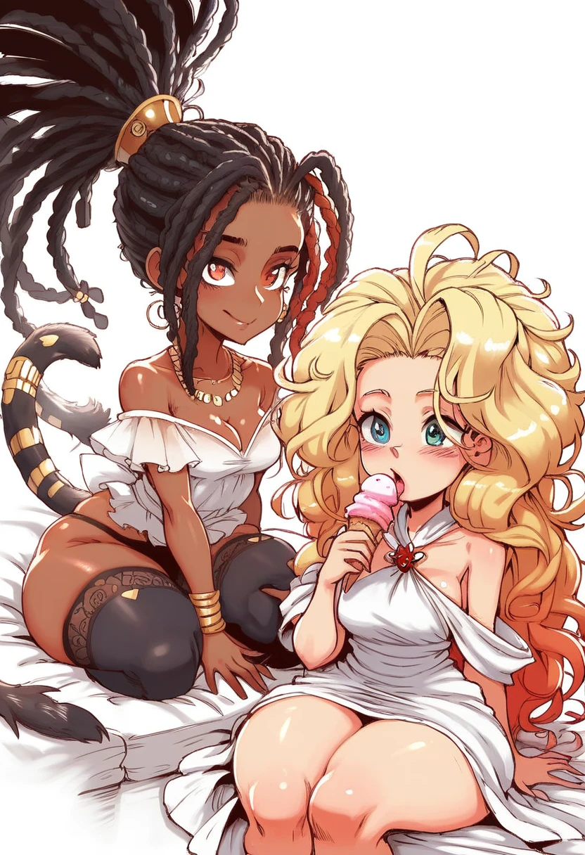 (BENGUS,Edayan,luster berry,  falcoon):1.2, (hyper-defined art, anime coloring, best quality, hyper-hdr, 8k uhd,  hyper absurdres, (raw sensuality, black woman, black and red striped  thick scorpion tail, , sitting in a  ice cream parlor,  dreadlocks,  headphones,impossibly beautiful african-caribbean features, red and brown heterochromia eyes, sitting,  licking ice cream, backless, sleeveless dress,  thigh lace clogs),  (very dark skin,  voluptuous, curvy, strong, shortstack, black hair, soft face, small wide nose, firm medium breast, curvy hips,  wide hips),hyper aesthetic, hyper-detailed  background), Lusterise, ,({Hyper stylistic, sharp gradients, deep highlights, hyper exposure,  hyper detailed smooth textures),  perfect hands,  hyper perfect , perfect eyes, perfect anatomy, perfect  physiques, amazing skin, hyper-detailed eyes,  hyper-detailed features, salaciously smiling, dynamism,   dynamic lighting, dynamic shading, sensual shadowing,  sensual atmosphere 