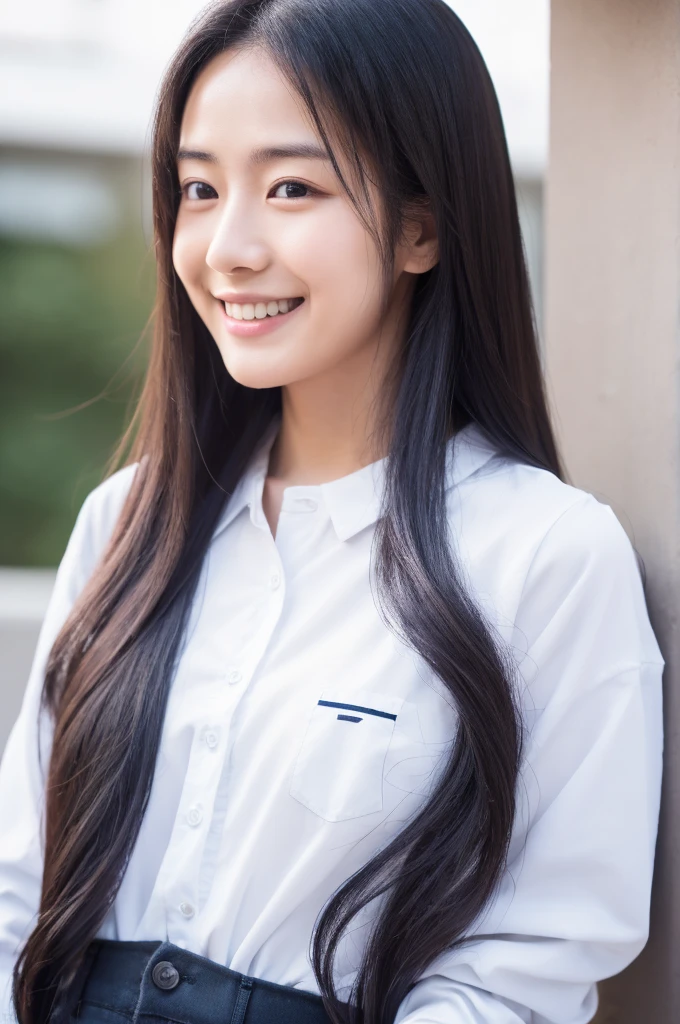 High resolution, Super detailed, 26 years old, Japanese, 1 female, Long Black Hair, Showing his forehead, Small eyes, OL, A little smile, Programmer, White shirt long sleeve, I'm not wearing a tie, All the buttons on his white shirt are fastened, including the first button, clear, Not a beautiful face, A clean-cut woman, Her breasts are small, No makeup, I work in programming, Being talked to at work, Social worker 1 year, Sitting in the office, Working in the office