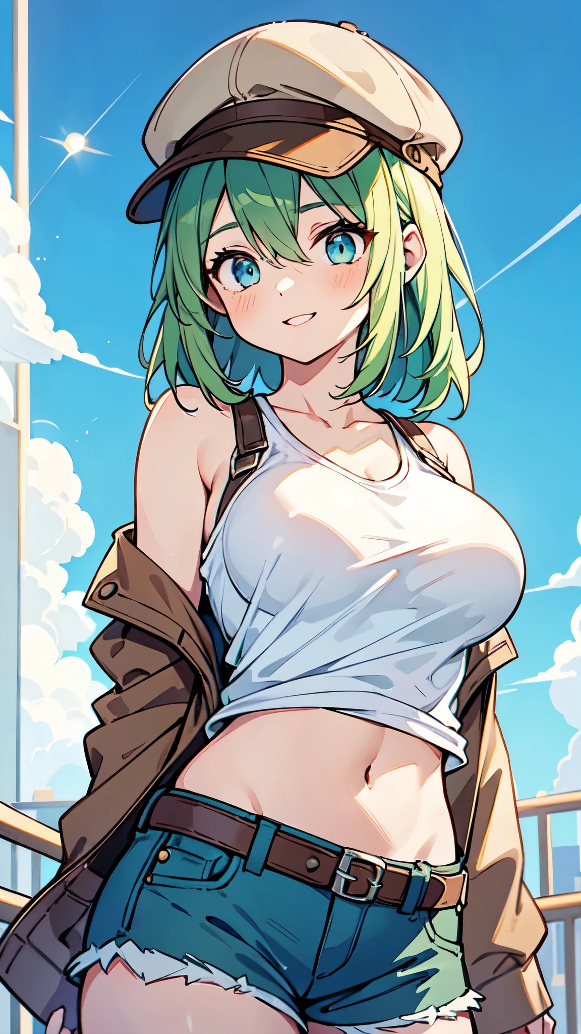 ((A Pretty girl with green hair and blue eyes)), ((wearing the white tanktop and hot pants)), ((with a brown colored newsboy cap:1.2)), Baby face, ((top-quality, master piece, ultra-definition, high resolution)), anime girl, ((ultra-detailed illust:1.2)), only one person, bangs, hair between eye, beautiful hair, Beautiful eyes, medium breast, Big smile, cityscape