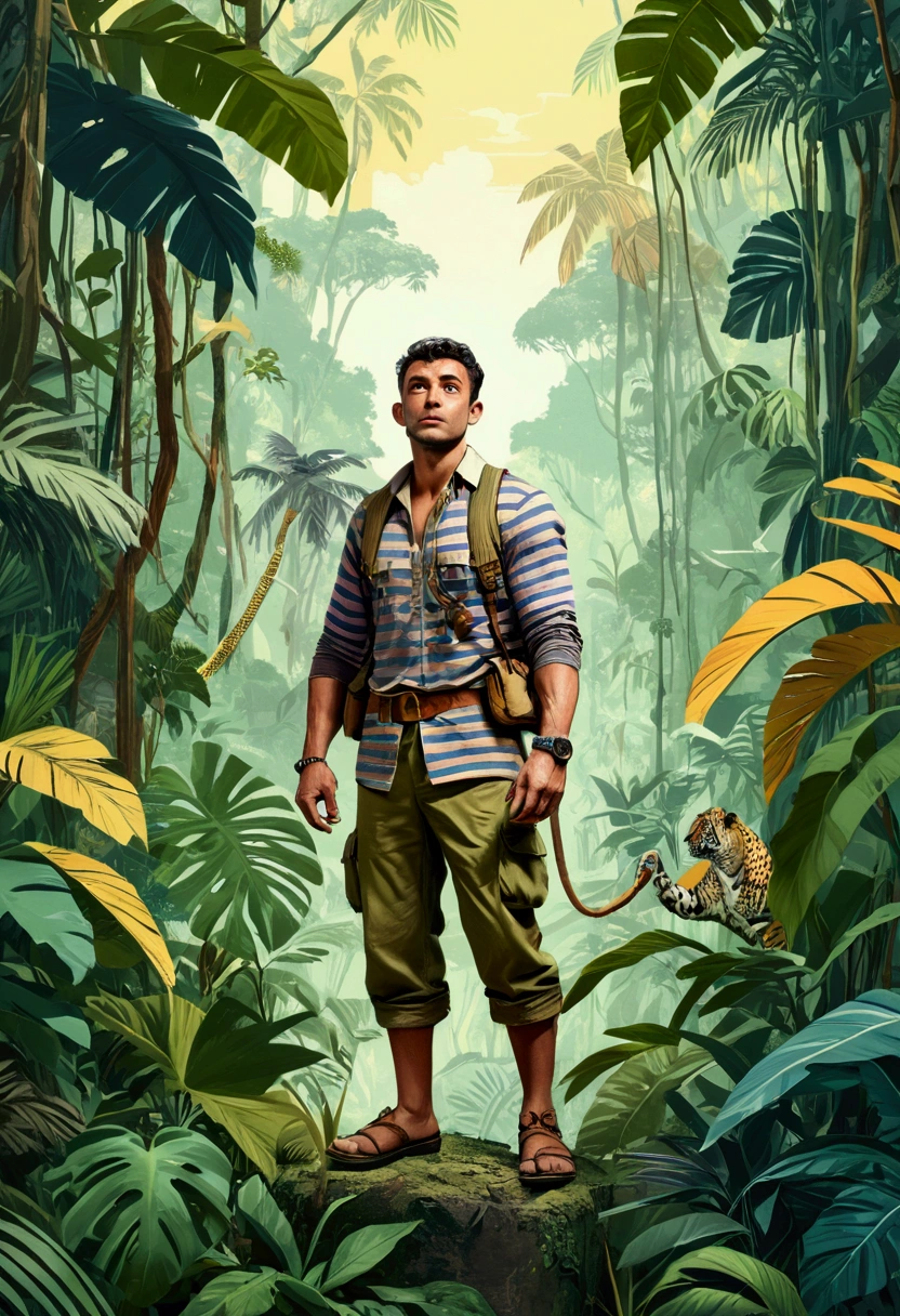 (Jungle Adventurer), in the style of digital art, pastel colors, comic stripe, collage, experimental, full body, award-winning, cinematic still, emotional, vignette, dynamic, vivid, (masterpiece, best quality, Professional, perfect composition, very aesthetic, absurdres, ultra-detailed, intricate details:1.3)
