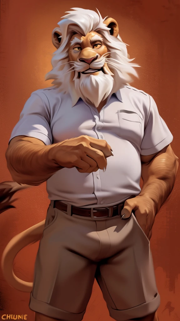 by chunie by catsudon by retros, male,ridiculuous,((mature,mature male)),((Bearded,mustache)), felid, solo, ((Lion,tail)),(white hair), facial hair, facing viewer, ((Highly detailed face)), (((Grandpa Figure))), ((smilling)), red and orange abstract background, ((white shirt)),((short pants)), smile, ((((wise)))),