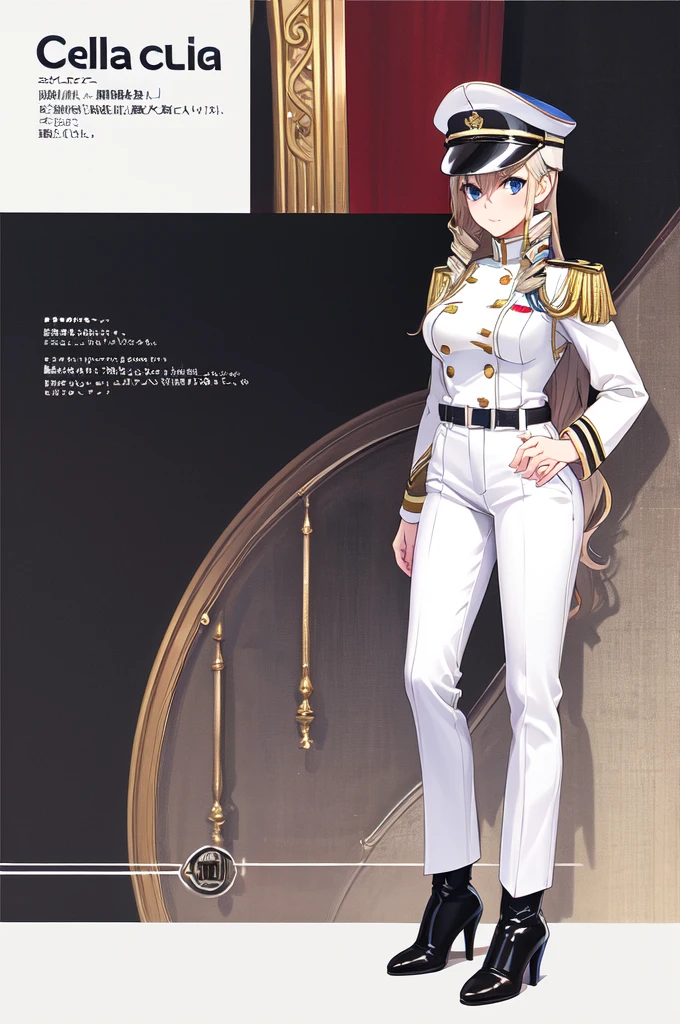 celia\(walkure\), celia\(uniform\),1girl, mature female, solo,
blue eyes, 
(black boots), high heels, (white uniform), (white cargo pants), belt, (white shako cap),
best quality, highest quality, ultra-detailed, masterpiece, illustration, ultra detailed background, full body
