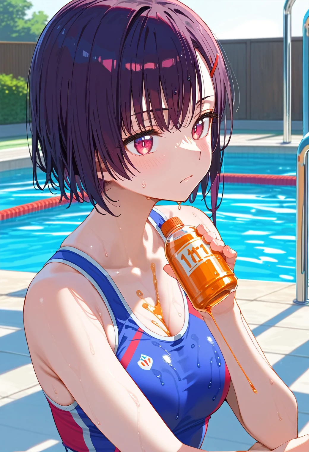 Mikazuki Shizuka, alone,One girl, Sportswear,Covered in oil,Poolside,BREAKscore_9, score_8_Excellent, score_7_Excellent, anime