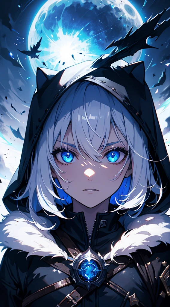 (masterpiece), best quality, expressive eyes, perfect face, looking at viewers, a hooded witcher in the florest,moon backlight, 1man, ((close up front view)), blue eyes, white hair, hair between eyes, handsome, cool, night BREAK badass, cinematic, night, epic, fantasy,dirty, trees, fog, hood, belt,leather clothing, black coat BREAK magic, spectral, dynamic,blue spectral, witcher, high fantasy, ((villain, horror, scary, dark lord,)) BREAK he is wearing hood, a the image transmit a epic feeling, is a cinematic shot, is night,backlighting, BREAK (((solo, alone))),