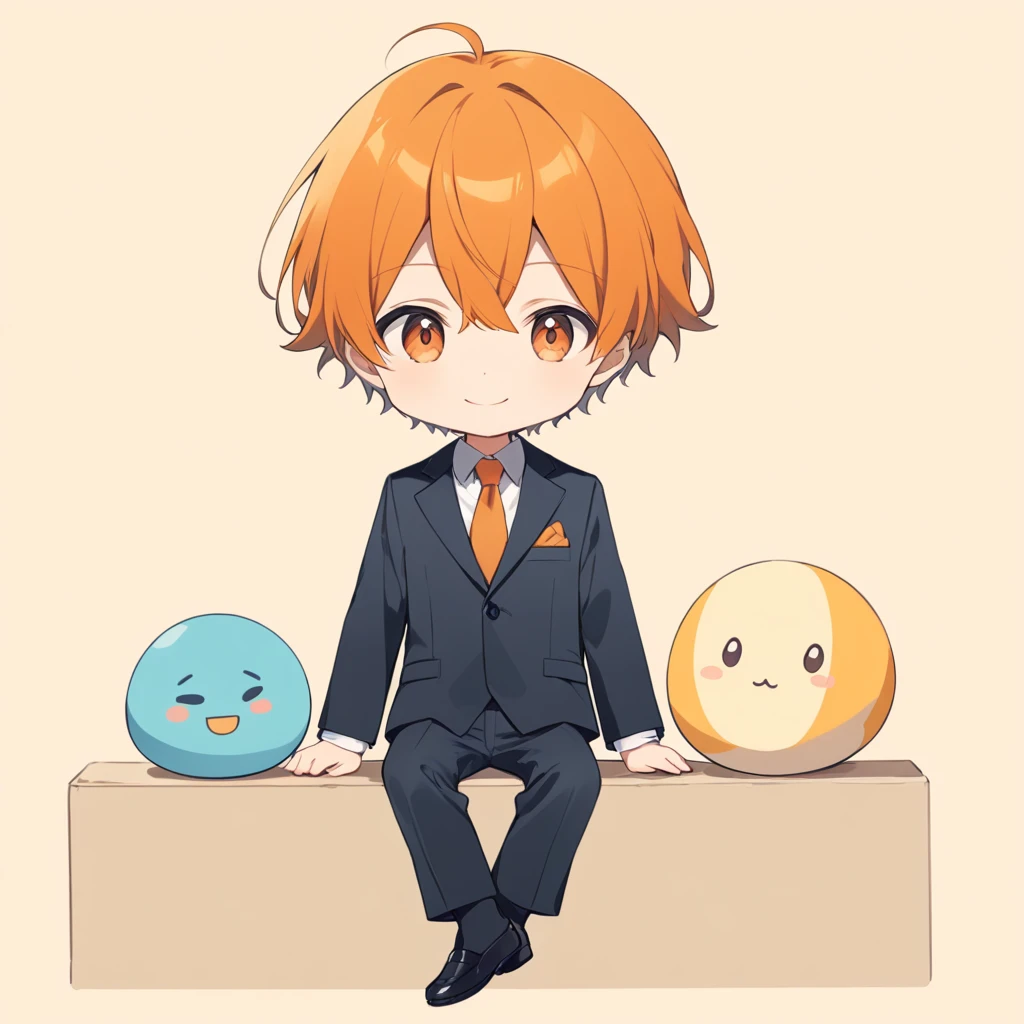 Orange Hair, Orange eyes,Short Hair,smile, a bit, suit,maleの子一人,a bitキャラ,anime,whole body,mini,Sitting,male,赤いsuit,小さいmaleの子,a little
