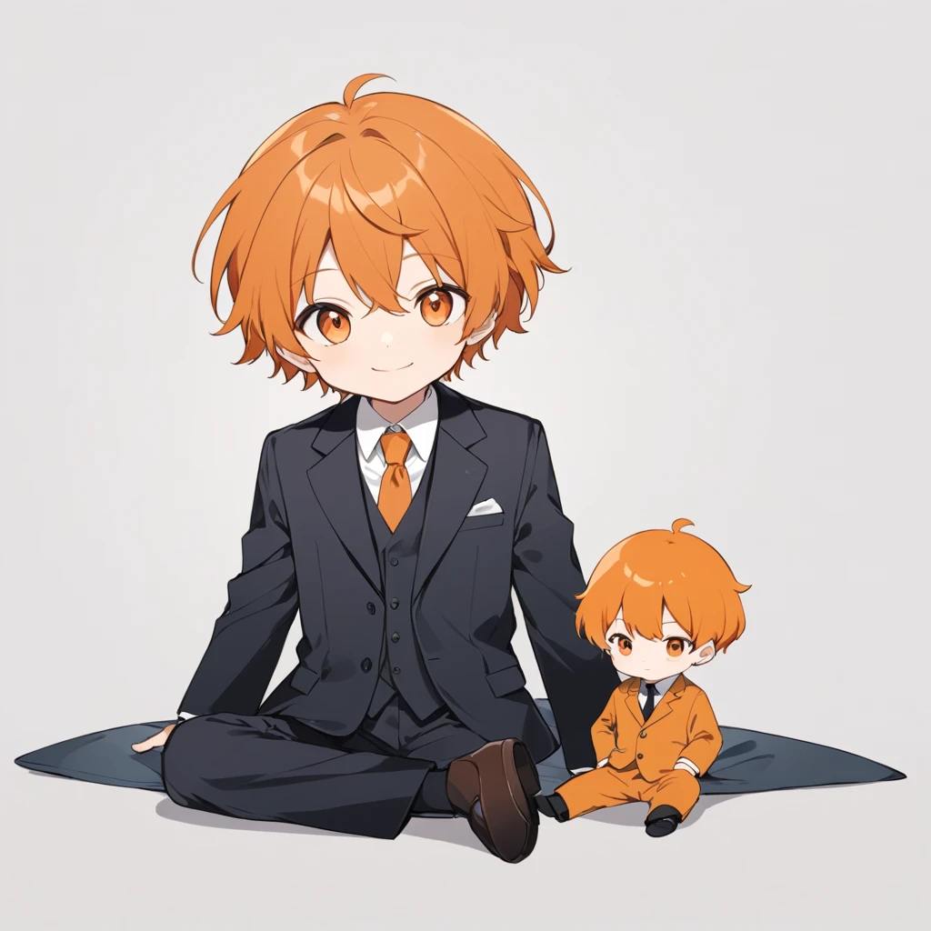 Orange Hair, Orange eyes,Short Hair,smile, a bit, suit,maleの子一人,a bitキャラ,anime,whole body,mini,Sitting,male,赤いsuit,小さいmaleの子,a little