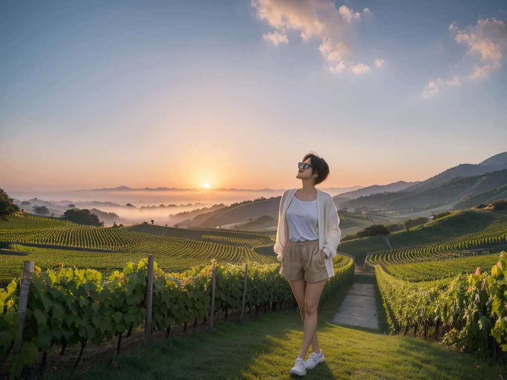 8k realistic, lifelike photo,, 36 year old Korean woman, Short in stature, pretty like a model. white shirt short cardigan, casual pants, short medium hair, Smiley, Italy. vineyard, thick dawn fog. vineyard 멀리 짙은 안개 속으로 마을이 보인다. 1 woman, Short in stature, Excellent picture quality, The morning fog is thick, The picture quality is alive. Looking up the side, sunrise red light, A monastery can be seen in the distance, . Smiley, Wide angle lens full body shot, Looking up the side from the trail, Visible up to the waist, Make your whole body visible, horn-rimmed sunglasses