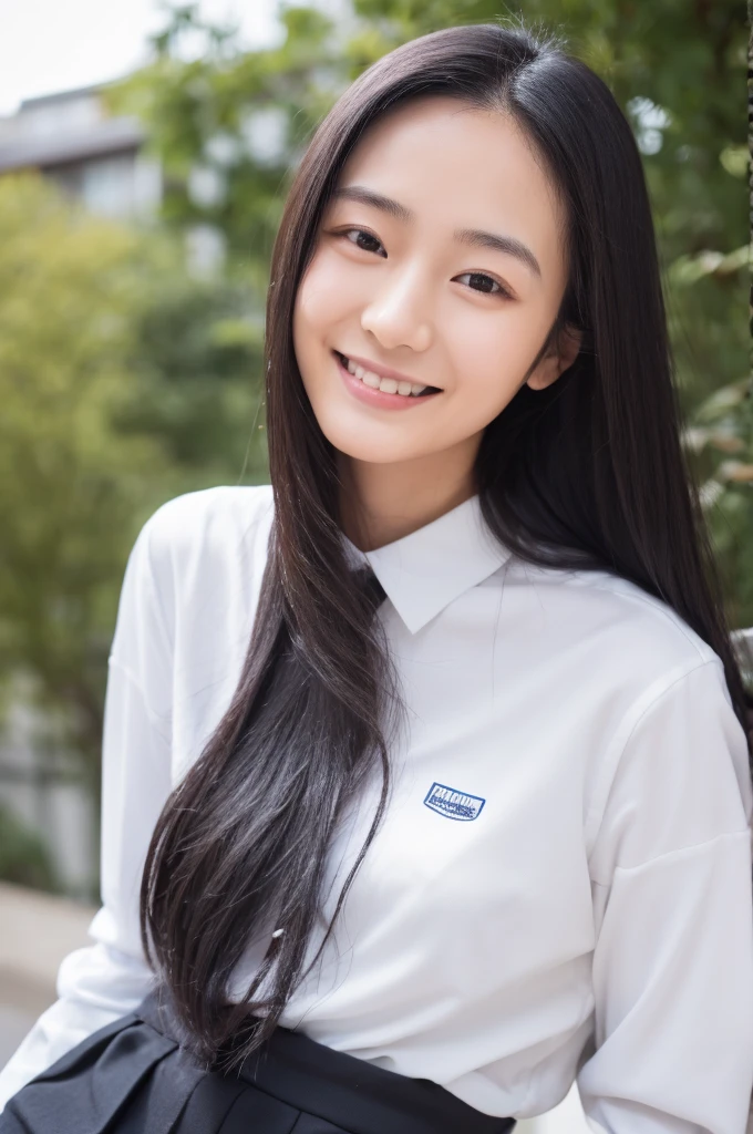 High resolution, Super detailed, 26 years old, Japanese, 1 female, Long Black Hair, Showing his forehead, Small eyes, OL, A little smile, Programmer, White shirt long sleeve, I'm not wearing a tie, All the buttons on his white shirt are fastened, including the first button, clear, Not a beautiful face, A clean-cut woman, Her breasts are small, No makeup, I work in programming, Being talked to at work, Social worker 1 year, sitting in a chair in the office, Working in the office