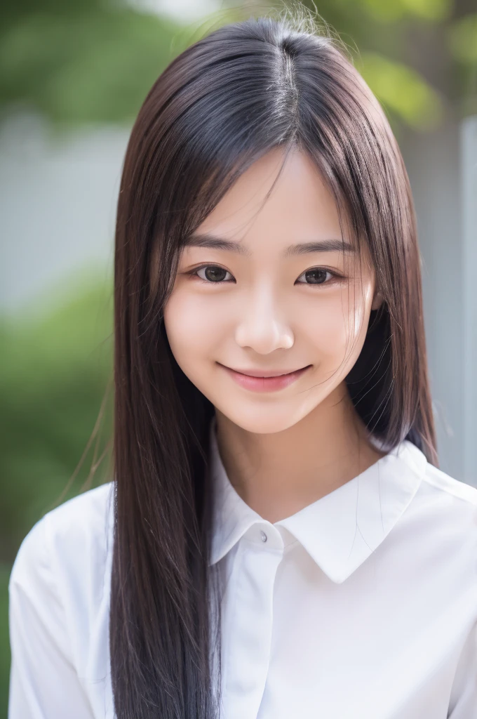 High resolution, Super detailed, 26 years old, Japanese, 1 female, Long Black Hair, Showing his forehead, Small eyes, OL, A little smile, Programmer, White shirt long sleeve, I'm not wearing a tie, All the buttons on his white shirt are fastened, including the first button, clear, Not a beautiful face, A clean-cut woman, Her breasts are small, No makeup, I work in programming, Being talked to at work, Social worker 1 year, sitting in a chair in the office, Working in the office