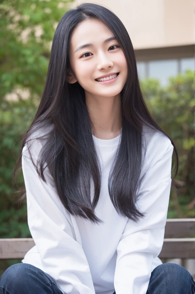 High resolution, Super detailed, 26 years old, Japanese, 1 female, Long Black Hair, Showing his forehead, Small eyes, OL, A little smile, Programmer, White shirt long sleeve, I'm not wearing a tie, All the buttons on his white shirt are fastened, including the first button, clear, Not a beautiful face, A clean-cut woman, Her breasts are small, No makeup, I work in programming, Being talked to at work, Social worker 1 year, sitting in a chair in the office, Working in the office