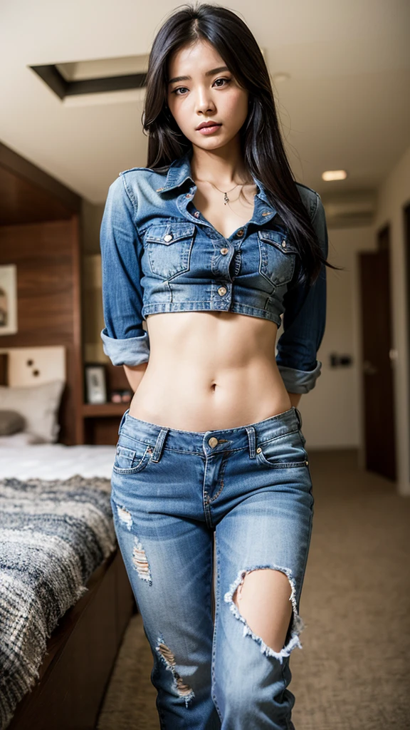 Girl in thin low cut camisole and tight denim shorts poses for photo、full body Esbian、Cropped T-shirt、bra very、Slim body、a large bust、Slim Girl Model、24歳の女性モデル、Beautiful body　Facing the front　Navel out　View All Lower abdomen　showing a beautiful belly　Too torn denim shorts　Shabby denim shorts　Thigh exposure　Shabby string camisole　Only the strings are too short a camisole　Too short denim shorts　genitals are visible　Low-rise denim shorts　Micro Denim Shorts　Scanty　Very small panties in denim　Show your beautiful body more　Denim shorts with string only　String Denim Shorts　Very shabby denim shorts　Denim shorts with zipper open　No panties　large boob　Denim Small Micro Bikini　sit down and open legs　Show your crotch