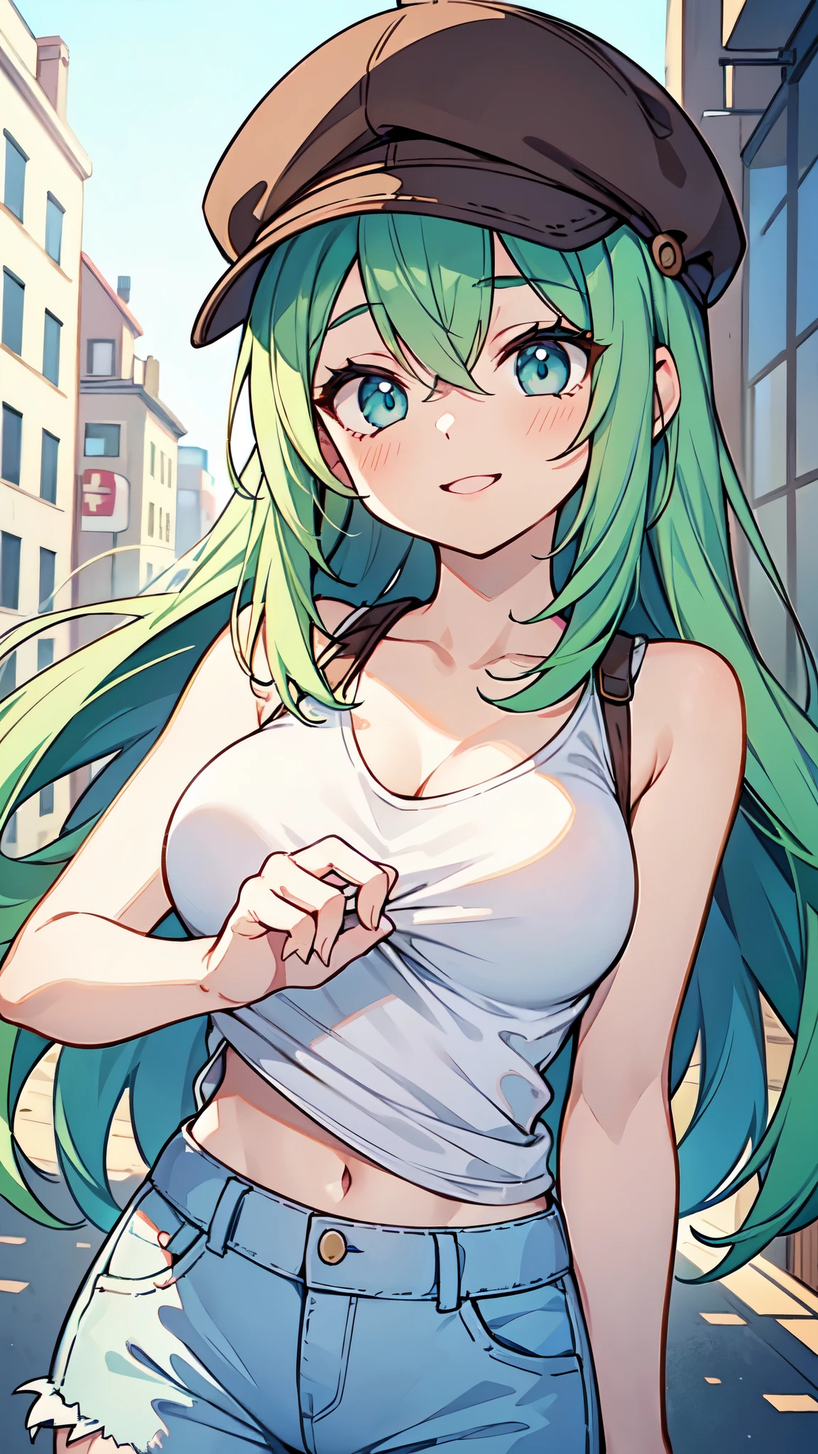((A Pretty girl with green hair and blue eyes)), ((wearing the white tanktop and hot pants)), ((with a brown colored newsboy cap:1.2)), Baby face, ((top-quality, master piece, ultra-definition, high resolution)), anime girl, ((ultra-detailed illust:1.2)), only one person, bangs, hair between eye, beautiful hair, Beautiful eyes, medium breast, Big smile, cityscape