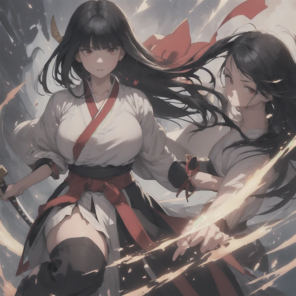 (fantasy illustration:1.5), (One:1.2), (anime,8 K,masterpiece, top quality, Best quality,beautiful and aesthetically pleasing:1.2,professional illustration:1.1,ultra detail:1.3,perfect lighting), extremely detailed, as detailed as possible, incredibly absurd, a high resolution, ultra detailed, difficult:1.6, (girl), very detailed beautiful face and eyes, beautiful hair, Bob Hair, blunt bangs, (black hair:1.4), (Red ribbon at the back of the head:1.2), ( Nakoruru Samurai Shodown Costume:1.2), guess the skin, (Abstract:1.2), cute, Climb up, (short stature,medium breast), A sense of speed, Dagger Master,