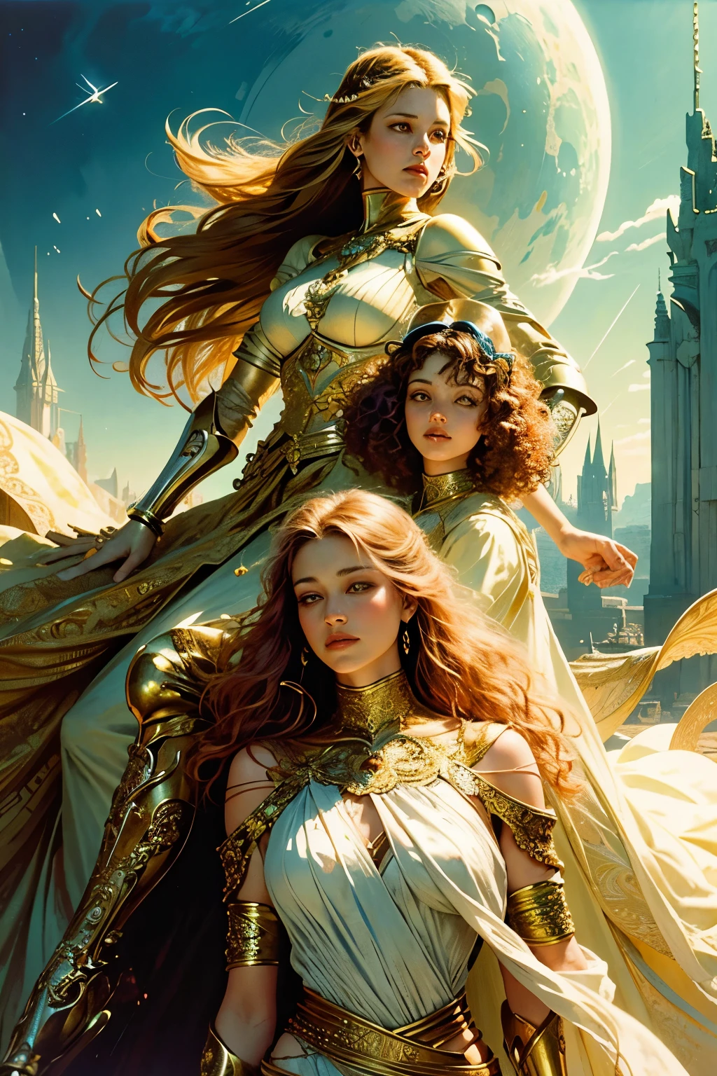 {
"prompt": "A masterpiece of digital art, meticulously crafted in the style of a harmonious fusion of Michael Whelan, Jean Giraud Moebius, and Barry Windsor Smith. Each woman, represented with perfect anatomical precision and unparalleled beauty, exhibits her distinctive features and captivating poses. Their attire is intricately designed, drawing inspiration from Barry Windsor Smith's meticulous work, displaying flowing fabrics and ornate accessories that accentuate their elegant shapes. They convey serene and captivating expressions, embodying self-assuredness and allure. The background serves as a vibrant and surreal panor