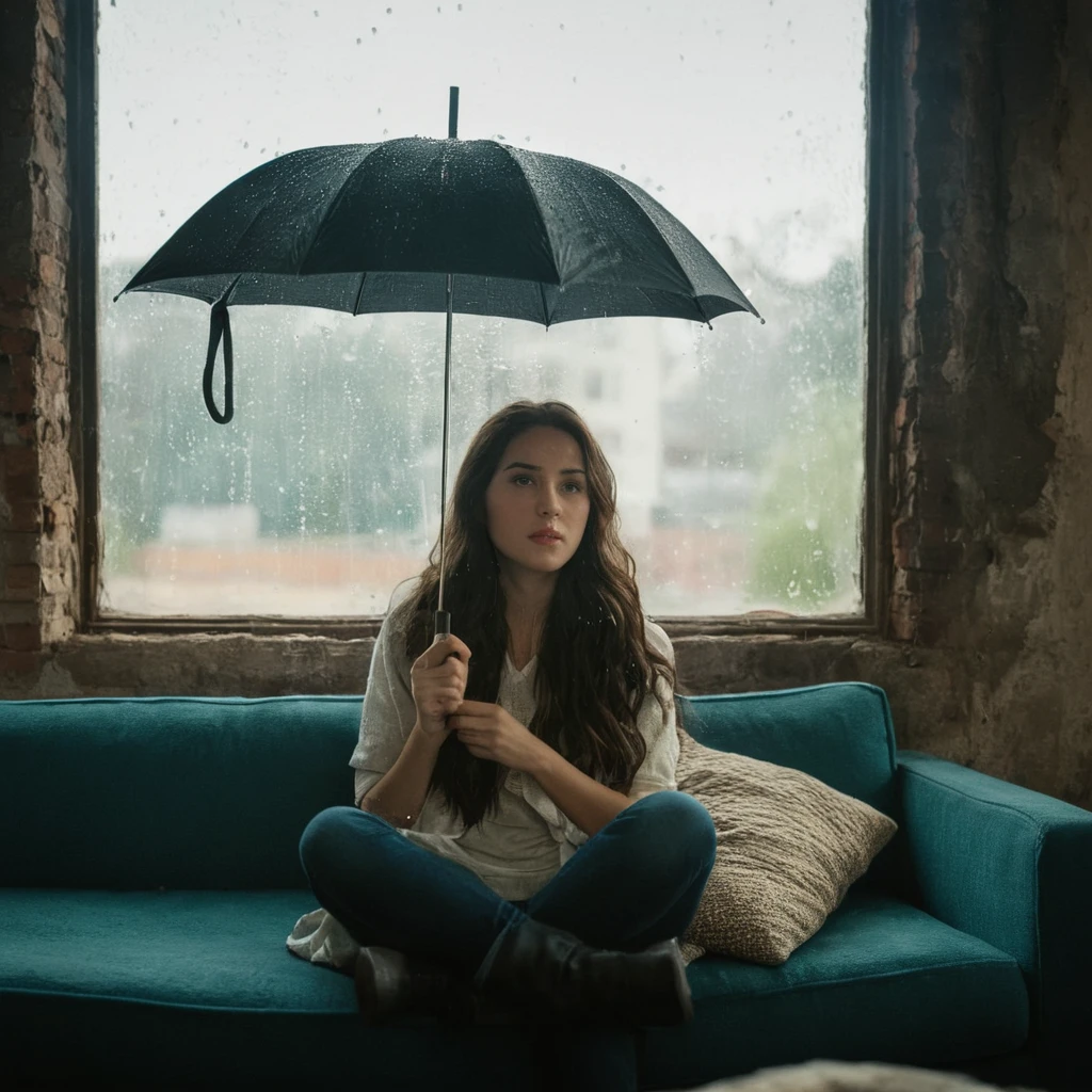 cinematic film still of Juxtaposition of a woman sitting on a couch holding an umbrella with foamy cloud rain above,1girl,solo,long hair brunette hair,sitting,indoors,window,umbrella,couch,rain,realistic,ruins Juxtaposition,artistic,photography,dramatic light,dramatic shadow light,contrast,saturated color,cinematic,filmic,photographic,realistic,realism,perfection,perfect,Juxtaposed,opposite,different things,side by side,syncretism,antithesis,Juxtaposition style,ruins , creative, photorealism, hyperrealism, Fine art photography style, Fine art cinematic photography style, shallow depth of field, vignette, highly detailed, high budget, bokeh, cinemascope, moody, epic, gorgeous, film grain, grainy