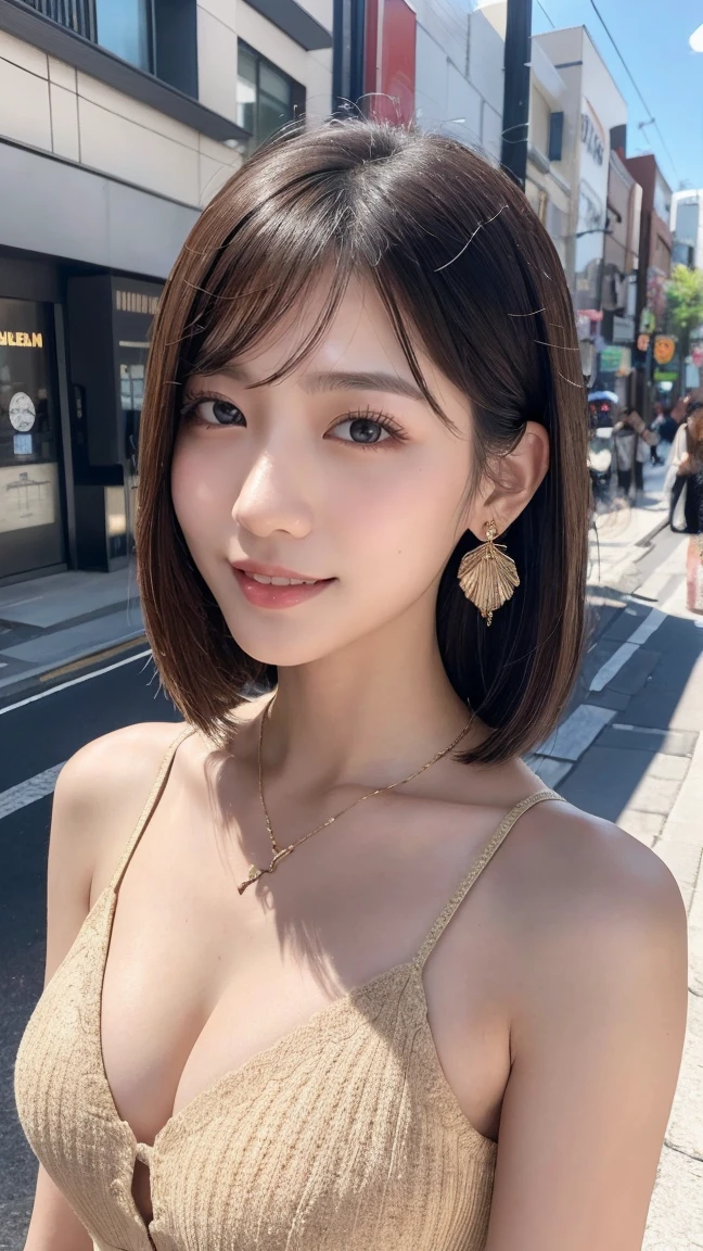 Ultra-Realistic capture, Very detailed, full_body, Skin Textureは自然でなければならない, So detailed that even pores can be distinguished. Skin looks healthier, In a unified tone. Use natural light and colour, (8k, RAW Photos, Highest quality, masterpiece: 1.2), (Realistic, photoRealistic: 1.37), 3D, Super detailed, Ultra-high resolution, Beautifully detailed face, Very beautiful fine grain, One Girl, Viewer, narrow, Narrow waist, Beautifully detailed skin, Skin Texture, Floating Hair, Professional Lighting, (Beautiful and cute Japanese girls:1.2), Bobcut, Beautiful Hair, , Narrow waist, Cleavage, View the viewer, full body, On the sidewalks of the city, (smile:1.1), bracelet, Earrings, necklace
