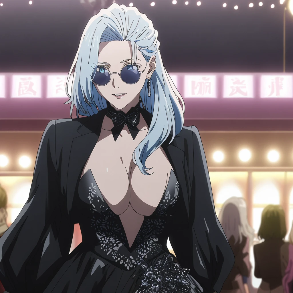 1girl, female gojo satoru, anime screencap from jujutsu kaisen, gojo satoru female version, solo, long_hair, ((Blue eyes, round sunglasses)) ((Silver_hair, hair over ear from one side))((slicked hair)) , night view, (hanging breasts) upper_body, smile,party hall, parted lips, (long hair) ((wearing black colour prom night outfit, cleavage)) breast, "very detailed and high resolution" (Blue eyes, round sunglasses) ((solo)) (((front view))) (earings) ((high resolution)) ((good quality)) ((silky hair, hair over ear from one side))((hair slicked)) ((parted lips)) ((shot from behind))